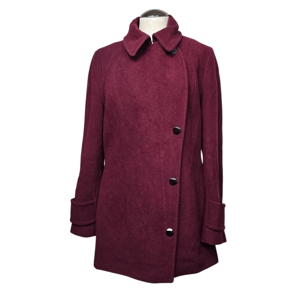 Calvin Klein Asymmetrical Front Zip & Snap Button Dark Red Wool Peacoat 12